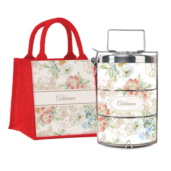 Abstract Fleur Flora Series 3-Tier Premium Medium 13cm Tiffin Carrier & Jute Bag (Red | Signature)