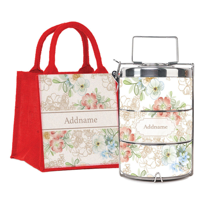 Abstract Fleur Flora Series 3-Tier Premium Medium 13cm Tiffin Carrier & Jute Bag (Red | Classic)
