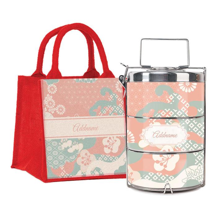 Rosy Cherry Blossom Oriental Series 3-Tier Premium Medium 13.5cm Tiffin Carrier & Jute Bag (Red | Signature)