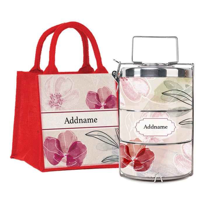 Floral Flourish Flora Series 3-Tier Premium Medium 13.5cm Tiffin Carrier & Jute Bag (Red | Classic)