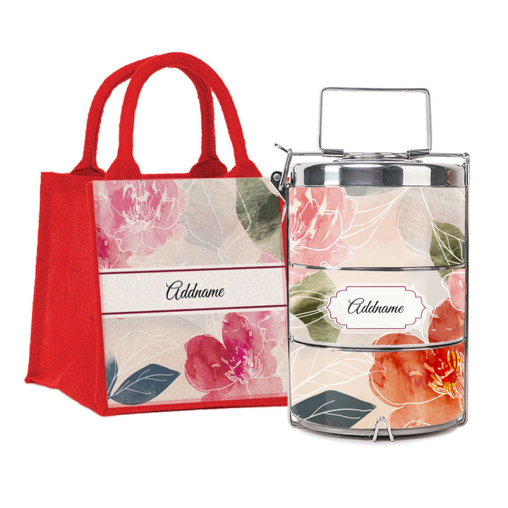 Floral Hues Flora Series 3-Tier Premium Medium 13cm Tiffin Carrier & Jute Bag (Red | Signature)