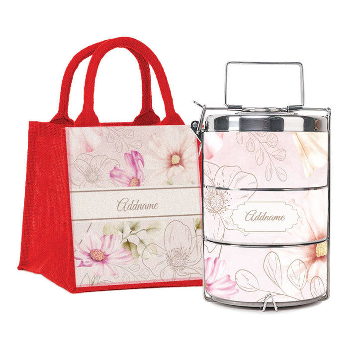Floral Verse Flora Series 3-Tier Premium Medium 13.5cm Tiffin Carrier & Jute Bag (Red | Signature)