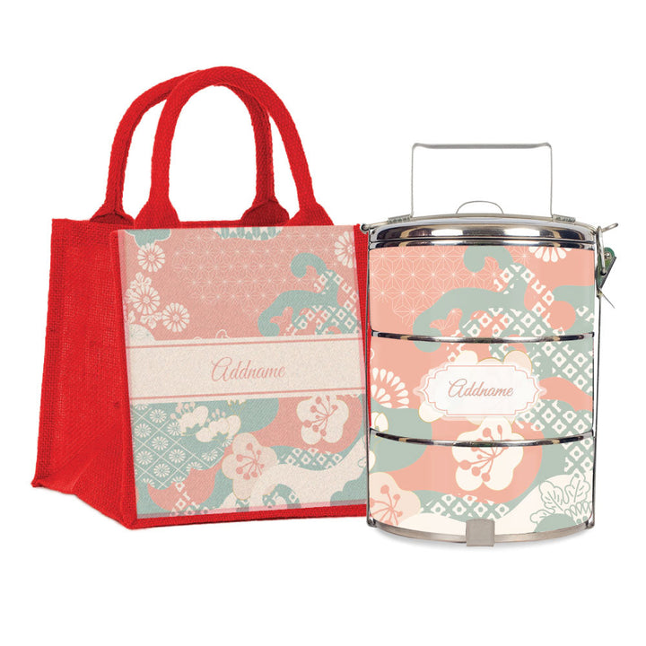 Rosy Cherry Blossom Oriental Series 3-Tier Standard Medium 14cm Tiffin Carrier & Jute Bag (Red | Signature)