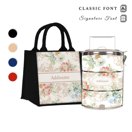 Abstract Fleur Flora Series 3-Tier Standard Medium 14cm Tiffin Carrier & Jute Bag