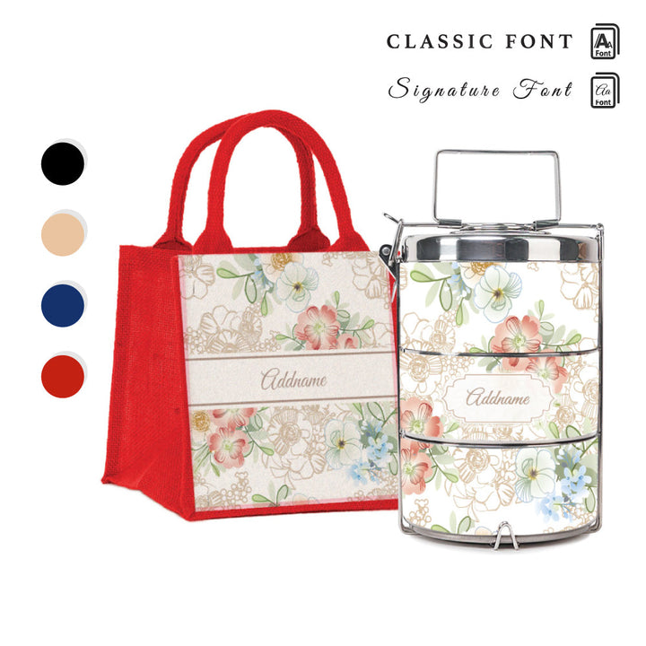 Abstract Fleur Flora Series 3-Tier Premium Medium 13cm Tiffin Carrier & Jute Bag