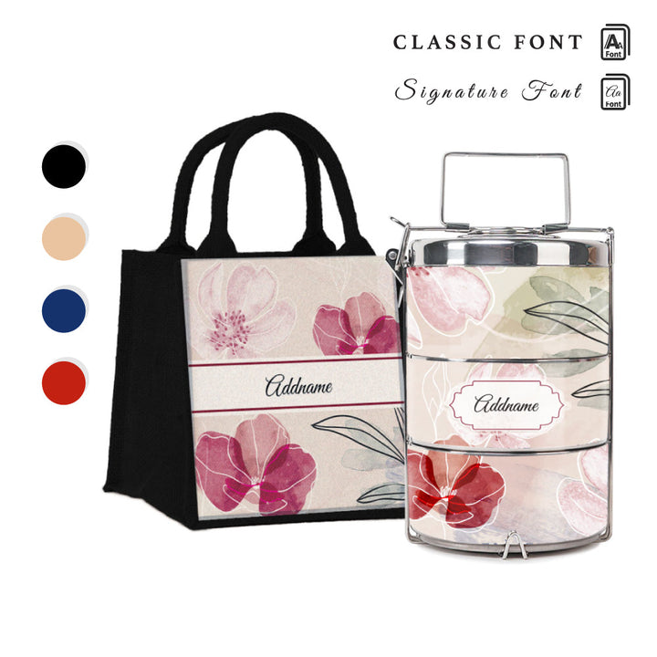 Floral Flourish Flora Series 3-Tier Premium Medium 13.5cm Tiffin Carrier & Jute Bag