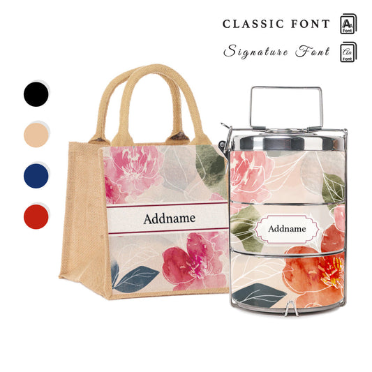 Floral Hues Flora Series 3-Tier Premium Medium 13cm Tiffin Carrier & Jute Bag