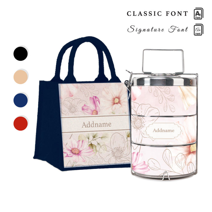 Floral Verse Flora Series 3-Tier Premium Medium 13.5cm Tiffin Carrier & Jute Bag