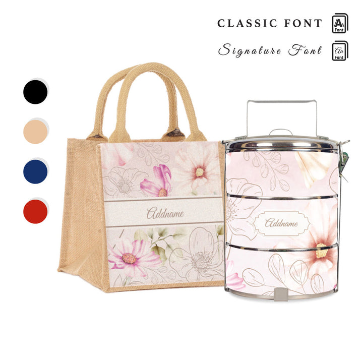 Floral Verse Flora Series 3-Tier Standard Medium 14cm Tiffin Carrier & Jute Bag