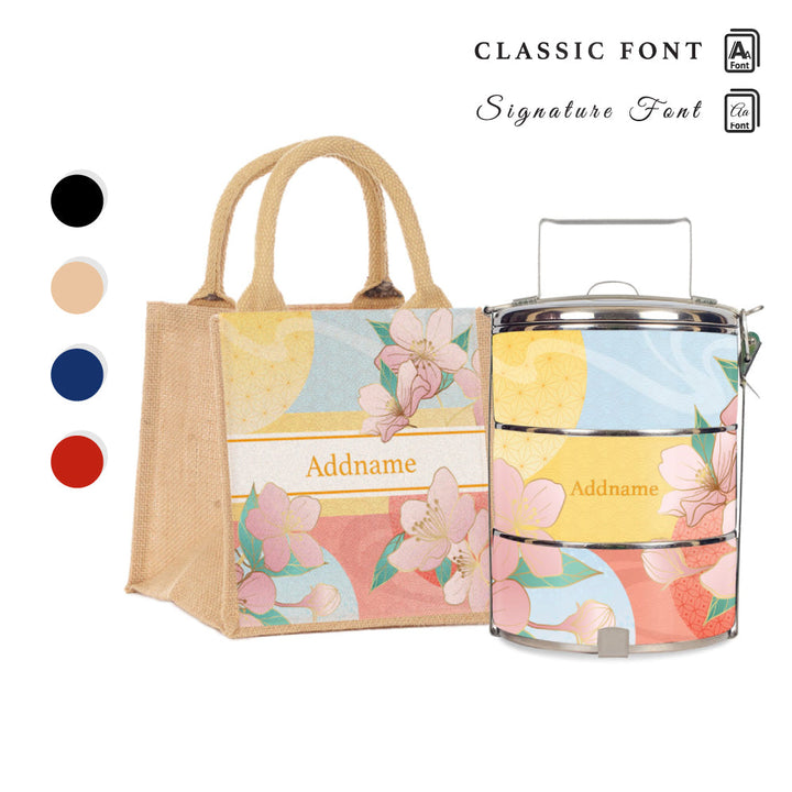Zen Blossom Oriental Series 3-Tier Standard Medium 12cm Tiffin Carrier & Jute Bag