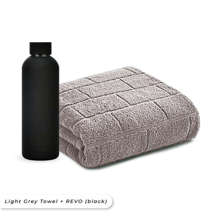 Teezbee.com - Antibacterial Bath Towel (Light Grey) + REVO Bottle (Black) Bundle