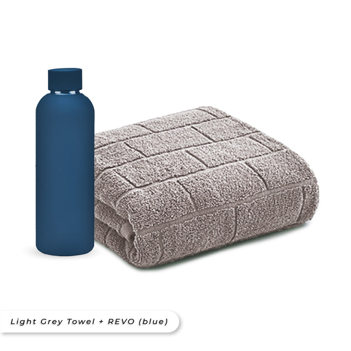 Teezbee.com - Antibacterial Bath Towel (Light Grey) + REVO Bottle (Blue) Bundle