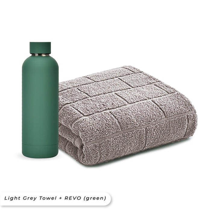 Teezbee.com - Antibacterial Bath Towel (Light Grey) + REVO Bottle (Green) Bundle