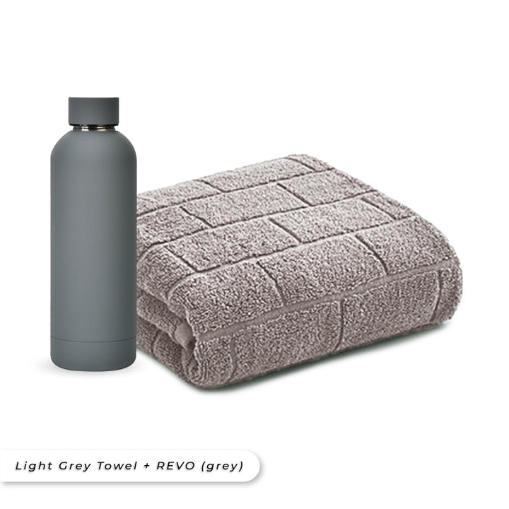 Teezbee.com - Antibacterial Bath Towel (Light Grey) + REVO Bottle (Grey) Bundle