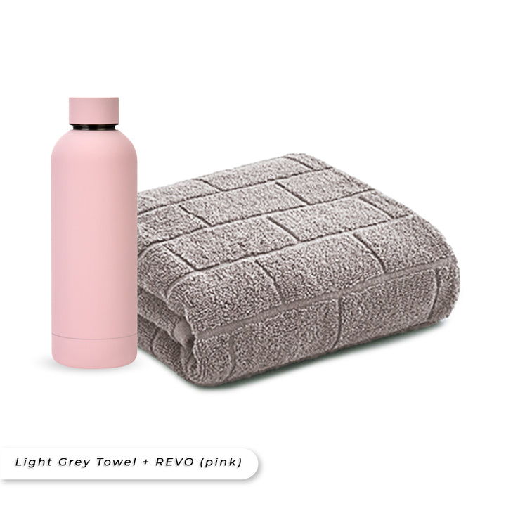 Teezbee.com - Antibacterial Bath Towel (Light Grey) + REVO Bottle (Pink) Bundle