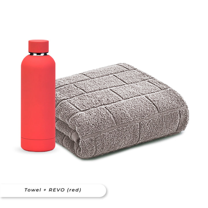 Teezbee.com - Antibacterial Bath Towel (Light Grey) + REVO Bottle (Red) Bundle