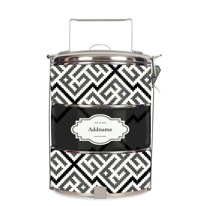 Teezbee.com - Linear Cubic Moroccan & Mosaic Series 3-Tier Standard Small 14cm Tiffin Carrier (Black | Classic)