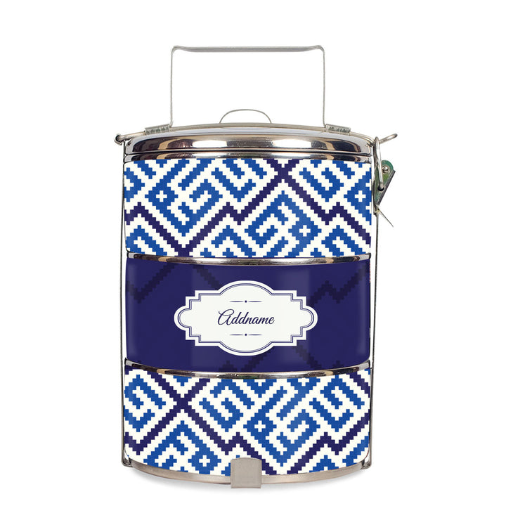 Teezbee.com - Linear Cubic Moroccan & Mosaic Series 3-Tier Standard Small 14cm Tiffin Carrier (Navy | Signature)