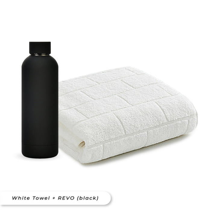 Antibacterial Bath Towel (White) + REVO Bottle (Black) Bundle