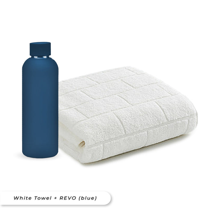 Antibacterial Bath Towel (White) + REVO Bottle (Blue) Bundle