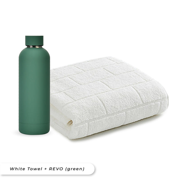 Antibacterial Bath Towel (White) + REVO Bottle (Green) Bundle