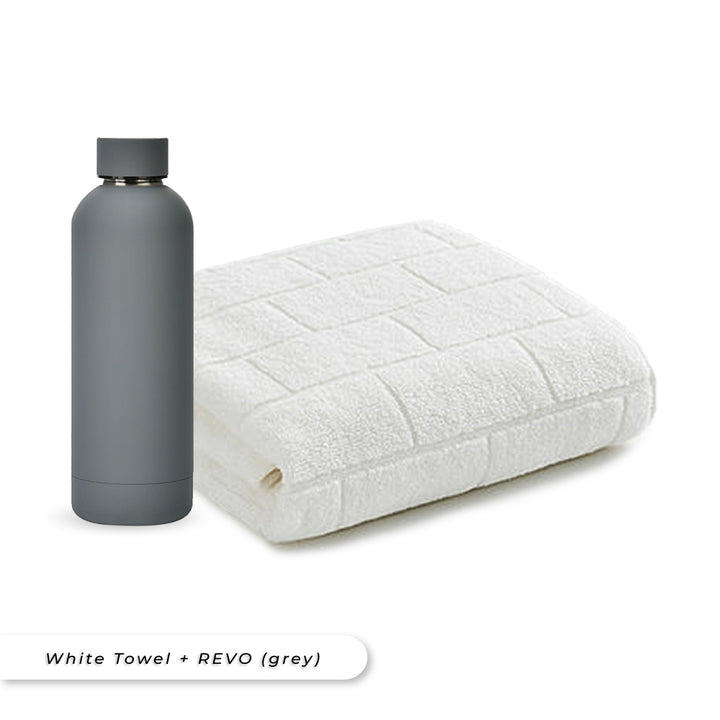 Antibacterial Bath Towel (White) + REVO Bottle (Grey) Bundle