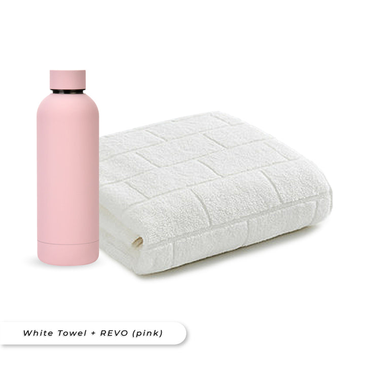 Antibacterial Bath Towel (White) + REVO Bottle (Pink) Bundle