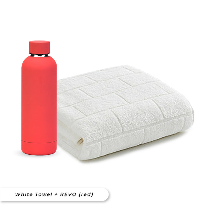 Antibacterial Bath Towel (White) + REVO Bottle (Red) Bundle